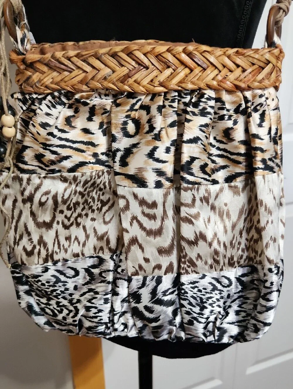 Animal-Print Woven-Trim Hobo Bag in Beige